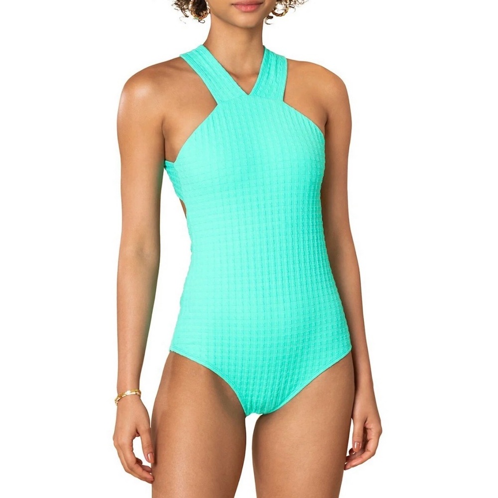 Shoshanna Mint Textured High Neck One-Piece Swimsuit Size 6 Crisscross Back